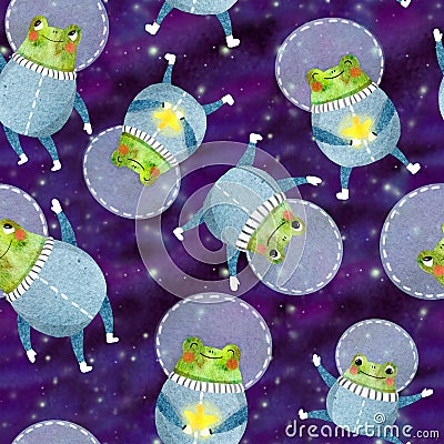 Pattern with frog astronaut Stock Photo