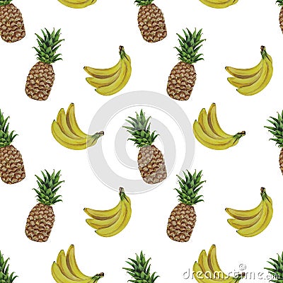 Pattern Fruit Banana Pineapple Watercolor illustration Tropics food Digital paper Textile set Summer botanical spring decor Wallp Cartoon Illustration