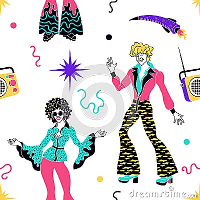 Pattern funk . 80s style clothing.Retro dancer pattern. People in 1980s, eighties style clothes dancing disco, cartoon vector illu Vector Illustration