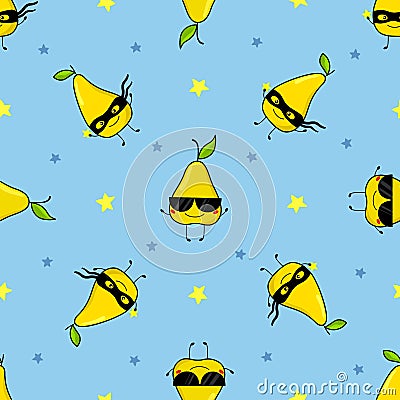 Pattern of funny pears with sunglasses and masks of superheroes Vector Illustration