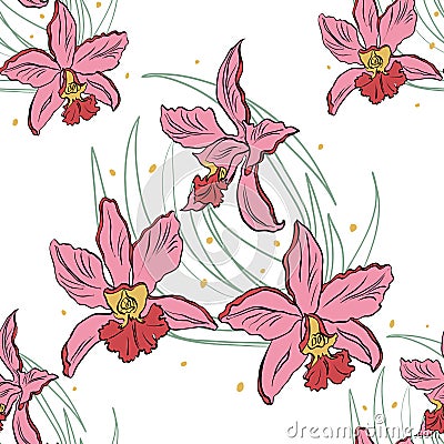 Seamless pattern of pink orchids on a white background Vector Illustration