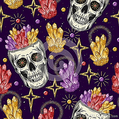 Magic patern with crystals, stars, human skull Vector Illustration