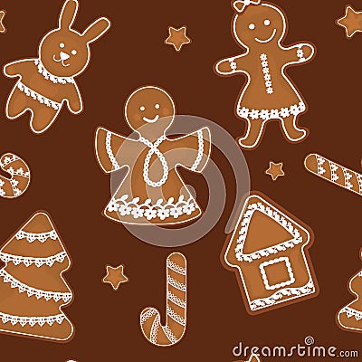 Pattern with gingerbread Christmas angels, little men and houses decorated with lace braid for decoration Vector Illustration