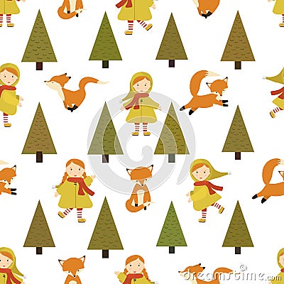 Pattern with a girl and a Fox. Autumn pattern with character Vector Illustration