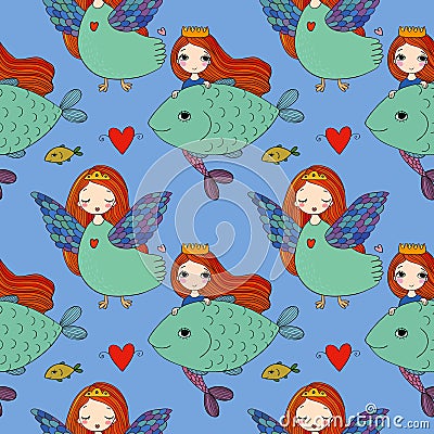 Pattern with girl Sirin and mermaid. Vector Illustration