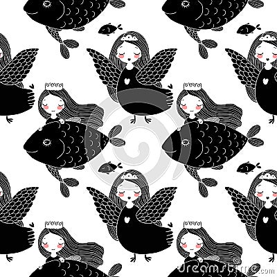 Pattern with girl Sirin and mermaid. Vector Illustration