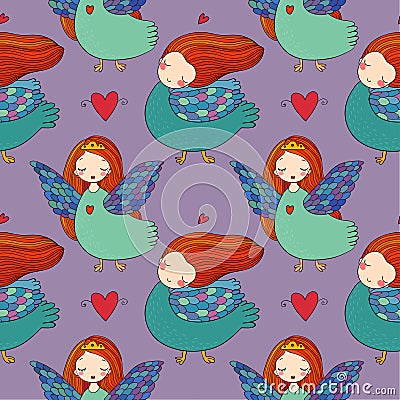 Pattern with girl Sirin. Vector Illustration