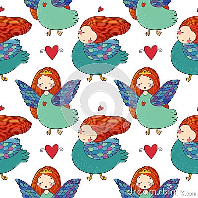 Pattern with girl Sirin. Vector Illustration