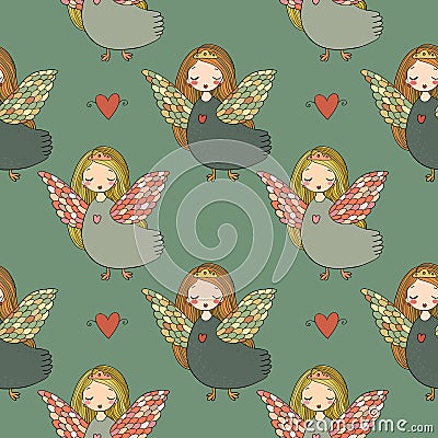 Pattern with girl Sirin. Vector Illustration