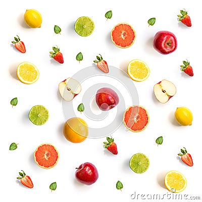 Pattern with grapefruit, strawberry, lime, lemon and apple. Tropical abstract background. Grapefruit, strawberry, lime, lemon and Stock Photo