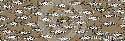 A pattern of graphic white fish with a contour and colored fish with a contour. Fish swim in different directions Vector Illustration