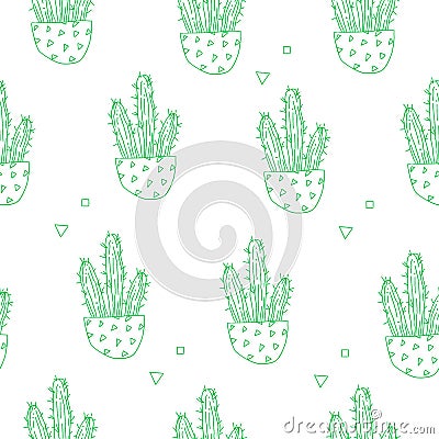 Pattern with green contour cactus and geometric shapes. Ornament for textile and wrapping. Vector Vector Illustration