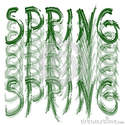 Pattern of green words `SPRING`. Rough brush inscription. Isolated element. Stock Photo
