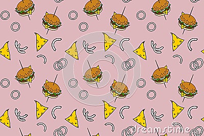 Pattern of a hamburger on a skewer, cheese and onions in trendy shades on a pale pink background Vector Illustration