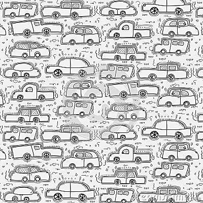 Pattern With Hand Drawn Doodle Cars Background. Vector Illustration