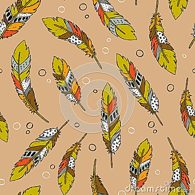 Pattern with hand drawn tribal feathers Vector Illustration