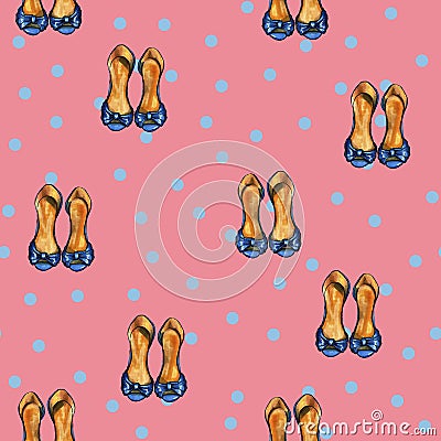 Retro pink pattern with blue dots and blue shoes Stock Photo