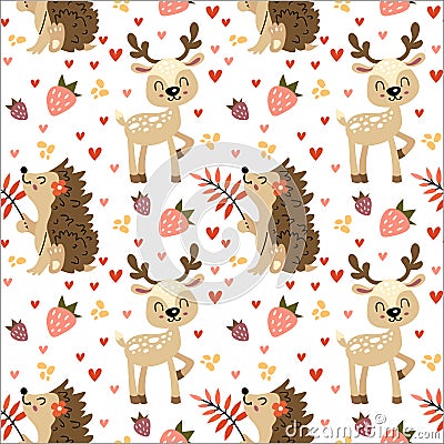 Pattern with hedgehogs and deer. Forest seamless pattern with cute animals. Vector illustration on a white background. Vector Illustration