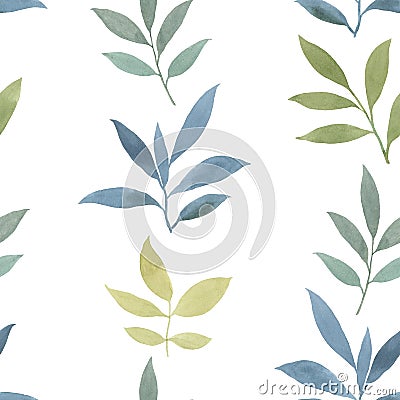 A pattern of herbs, branches and leaves for high resolution print. Seamless pattern painted by watercolor on a white background. O Stock Photo