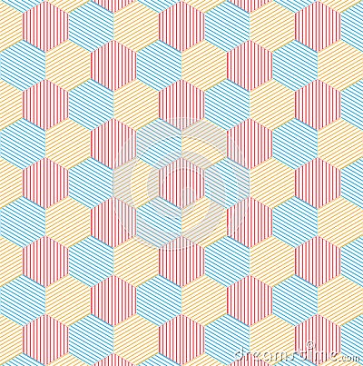 Seamless Geometric Blue, Yellow and Red Striped Hexagons Pattern Background Stock Photo