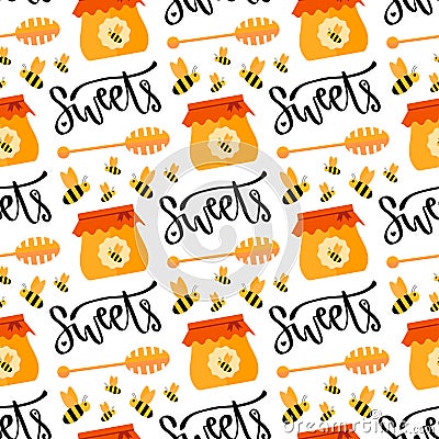 Pattern with honey and bee. Seamless sweet vector background Vector Illustration