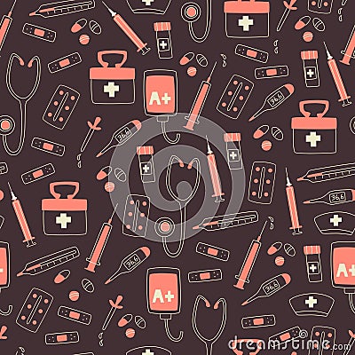 Pattern with Hospital and Medical Tools. Vector Doodle Elements. Vector Illustration