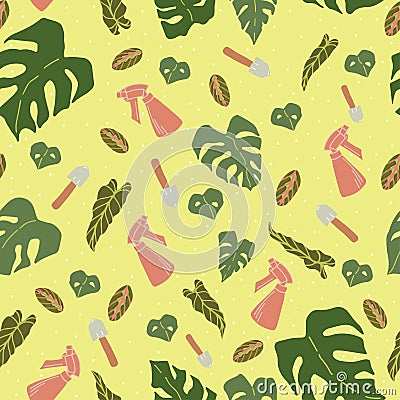 Pattern with houseplants such as alokasia, monstera and maranta. Vector Illustration