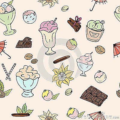 Pattern of ice cream, chocolate, nuts, vanilla and cinnamon on a light background Stock Photo