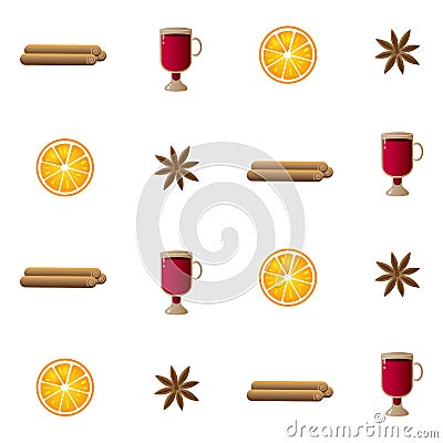 Pattern illustration with cinnamon sticks, irish glasses with mulled wine, orange slices and cardamon Vector Illustration
