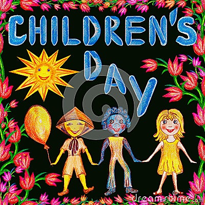 Pattern International Children`s Day.Drawing by hand with colored pencils children the inscription is the children`s day Stock Photo