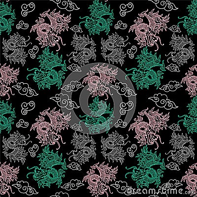 Pattern with Japan dragons Vector Illustration