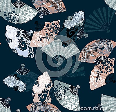 Pattern from Japanese fans featuring sakura, chrysanthemums and cranes Stock Photo