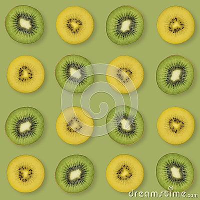 Pattern of kiwi slices. Food background. Yellow and green kiwi slices. Stock Photo
