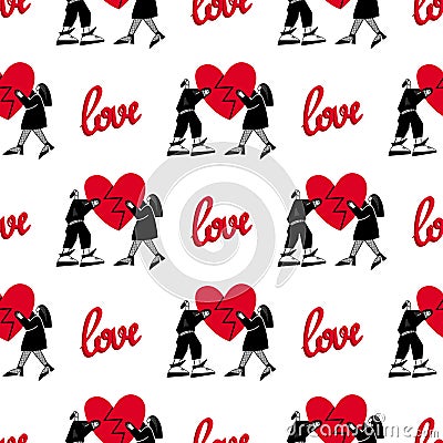 Pattern of lovers.Seamless pattern for Valentine`s Day. A guy and a girl are holding a broken heart.Vector Vector Illustration