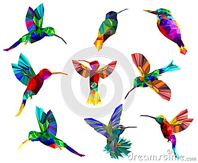Pattern with Low poly colorful Hummingbird on white back ground,Isolated animal geometric, collection of birds concept,vector. Vector Illustration
