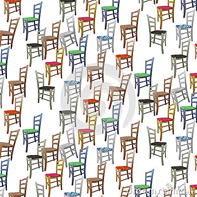 Pattern made of colorized Wooden Chairs on White Background Stock Photo