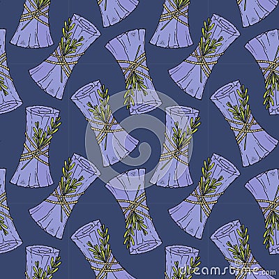 Pattern Magic blue scroll witchcraft hand drawn doodle, with green rosemary twigs, dark blue background. Vector Illustration