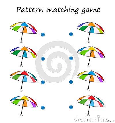Pattern matching game. Task for the development of attention and logic. Vector illustration of the cute umbrellas Vector Illustration
