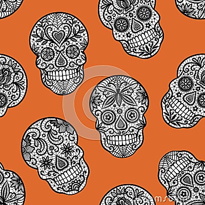 Seamless pattern with lace sugar skulls on orange background. Stock Photo