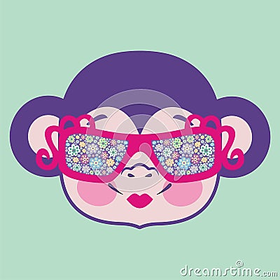 Pattern monkey head in sunglasses decorated with flowers. Chinese zodiac: 2016 year monkey. Vector Illustration