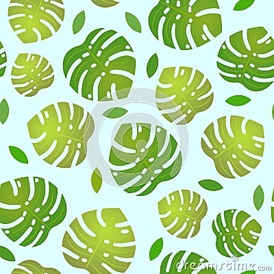 Pattern with monstera leafs on blue background Vector Illustration