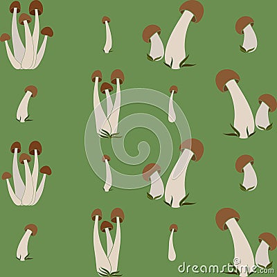 Pattern of mushrooms vector simple background isolated on green background. Coloured hand drawn version. Vector mycology Vector Illustration