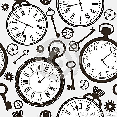 Pattern with old and modern clock faces and keys. Cartoon Illustration