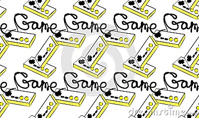 A pattern of old yellow retro vintage antique hipster joysticks for a game console for video games and an inscription game from th Vector Illustration