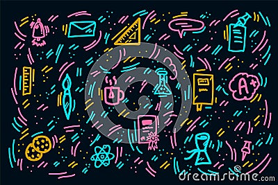 Pattern Online courses doodle. Hand-drawn colored background. Online webinar Ruler, Hands Globe, Notebook, pencil, books and Vector Illustration