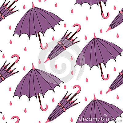 Pattern of an open and closed purple umbrella in the rain. Seamless, repetitive flat autumn cartoon texture. Cute Vector Illustration