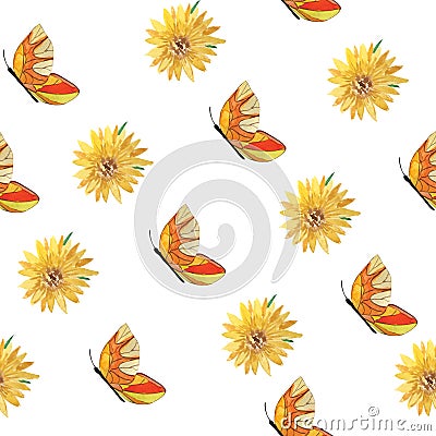 Pattern of orange butterflies and flowers Cartoon Illustration