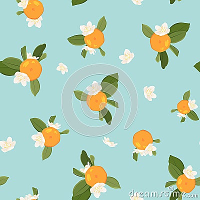 Pattern with orange mandarin on blue background Vector Illustration