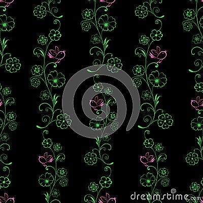 Pattern of outlines of decorative flowers and birds Vector Illustration