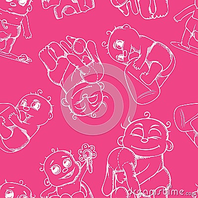 Pattern with painted newborn babies in different poses Vector Illustration